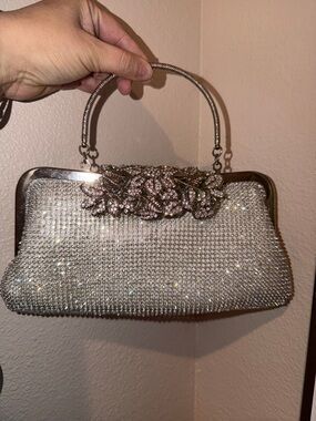 Crystal-Embellished Silver Evening Top-Handle Bag